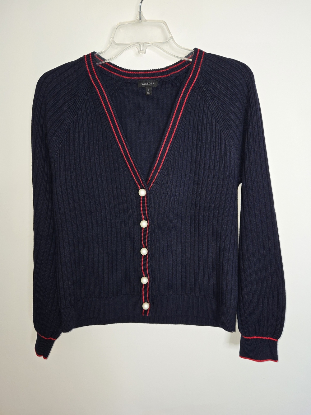 Talbots Nautical Navy Ribbed Cardigan with Red Trim and Pearl Buttons Women's S